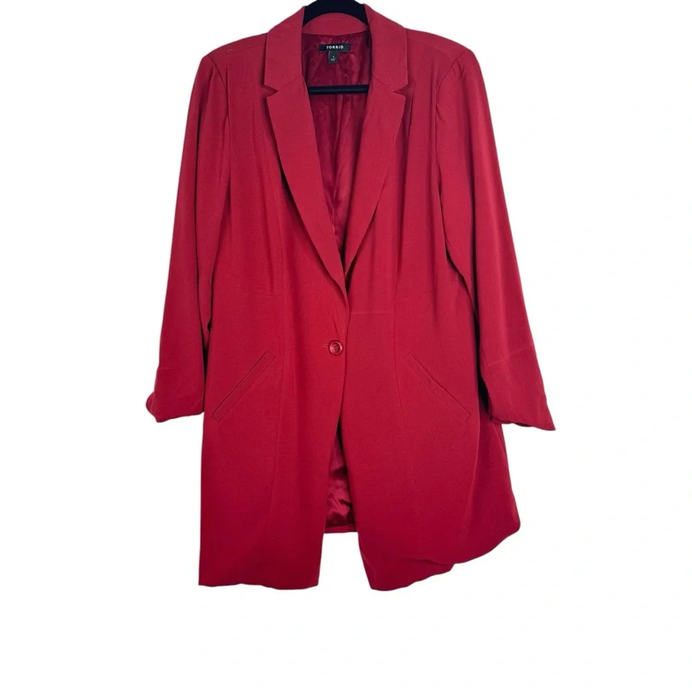 Torrid Studio Crepe Longline Blazer Single Button Breasted Long Jester Red 1X - Picture 2 of 15
